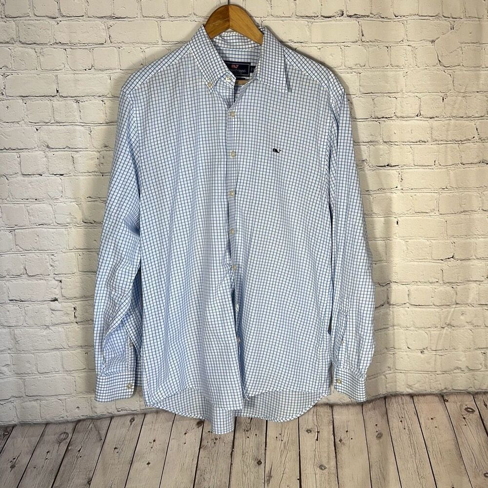 Vineyard Vines Slim Fit Whale Shirt 100% Cotton Long‎ Sleeve Blue White Shirt L